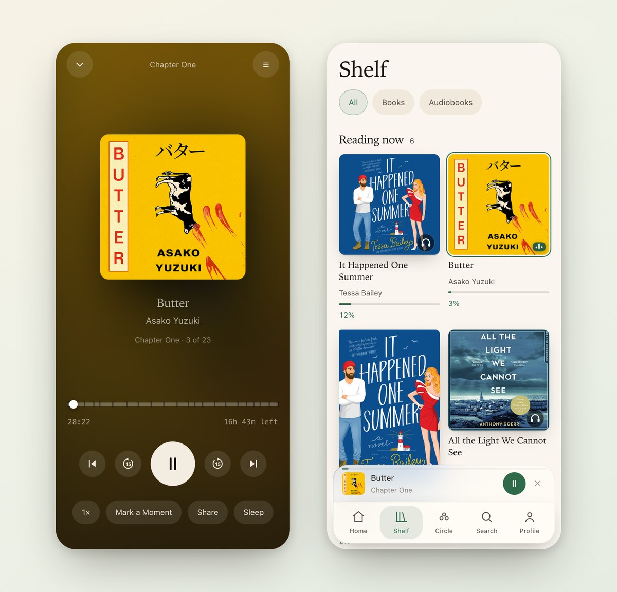 The full audiobook player, and beside it the Shelf with the same book still playing in a bar above the tabs.