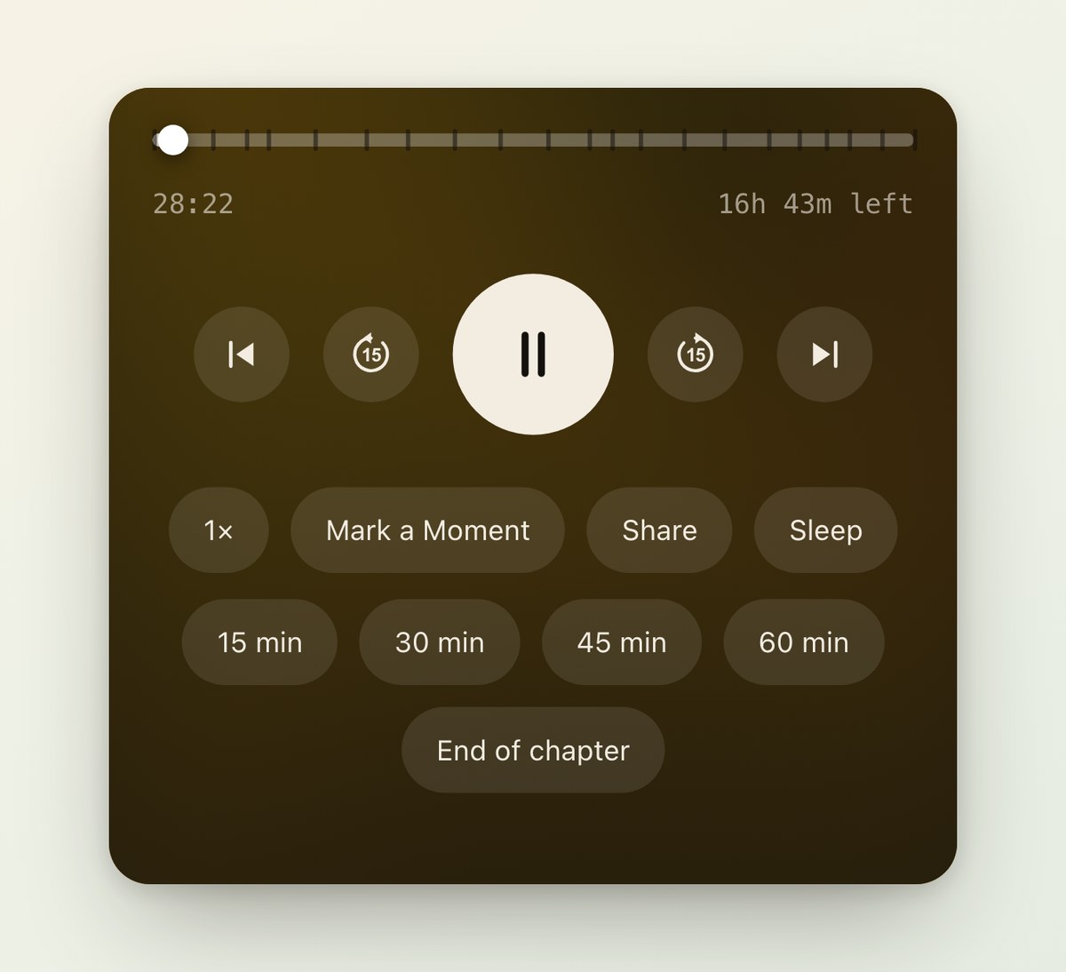 The sleep options in the player: 15, 30, 45 and 60 minutes, and End of chapter.