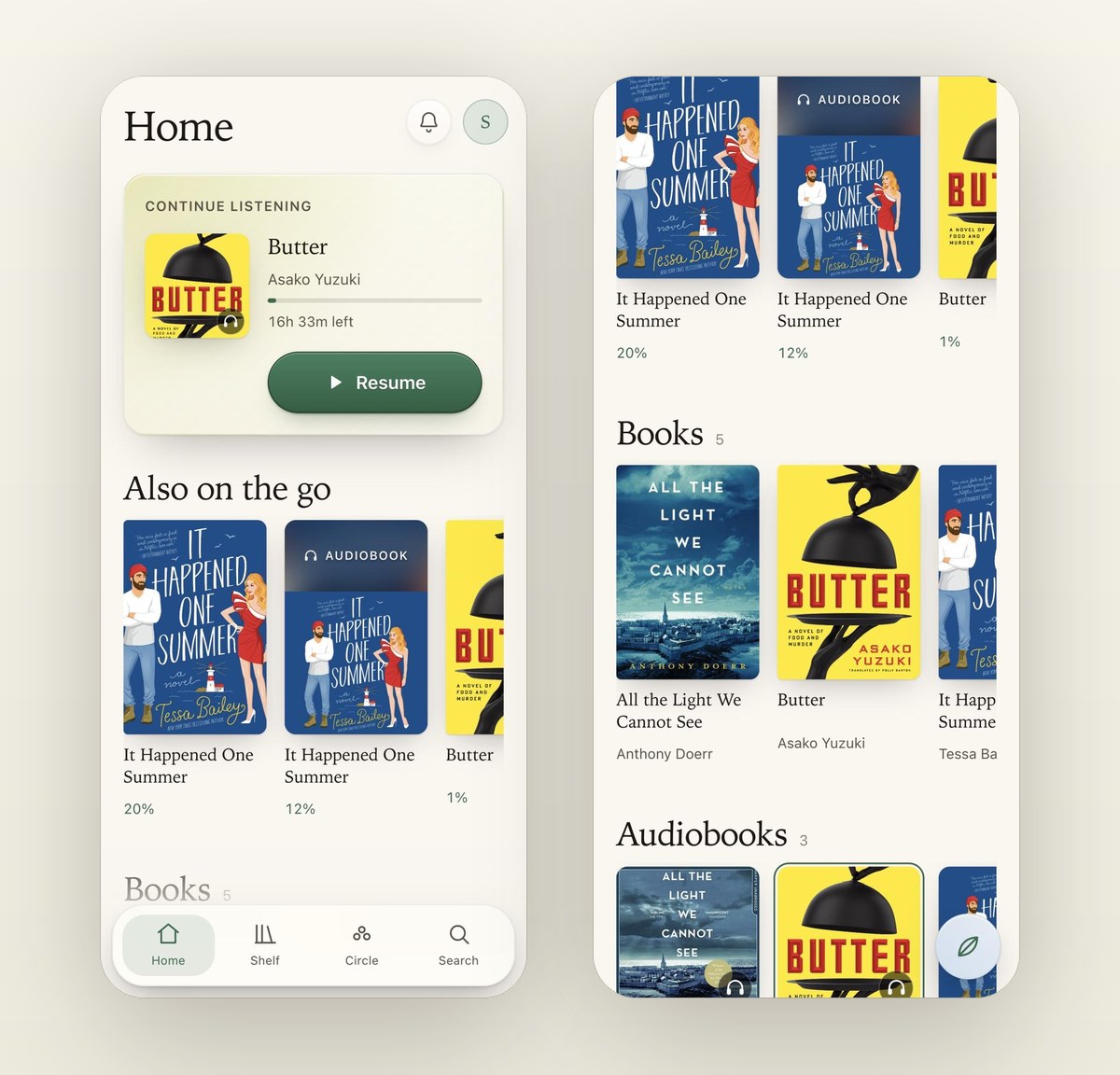 Home on a phone, with a Resume button on the top card and a row of books and audiobooks at the same height.
